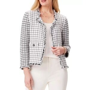 NIC+ZOE Black White Grid Fringe Mix Knit Pocket Jacket Women's Small Knit